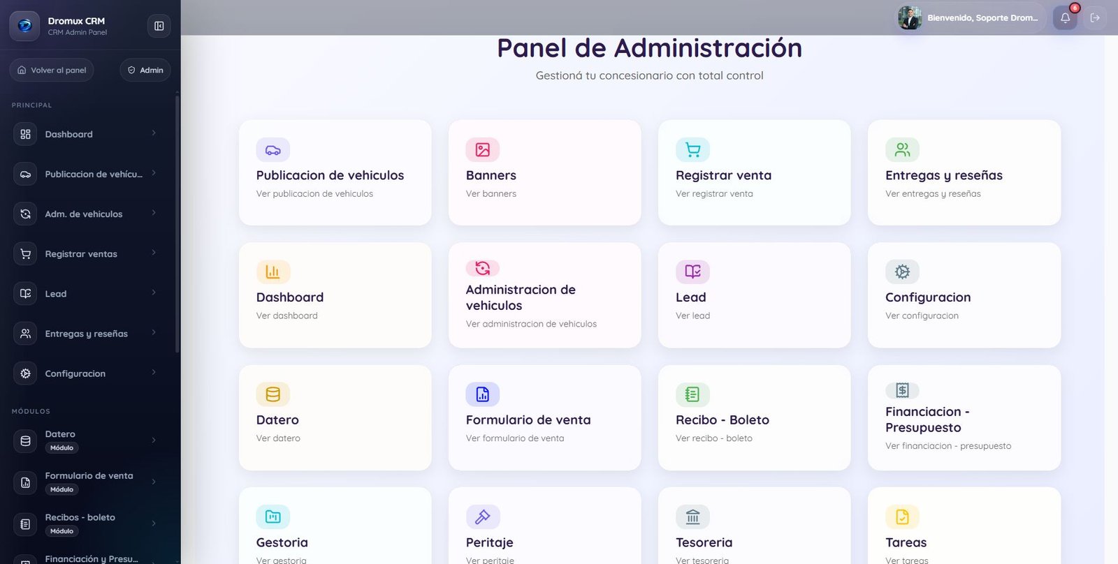 Panel de control del software para concesionarios Dromux